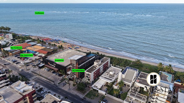 Flat beira-mar pé na areia com varanda AH 409